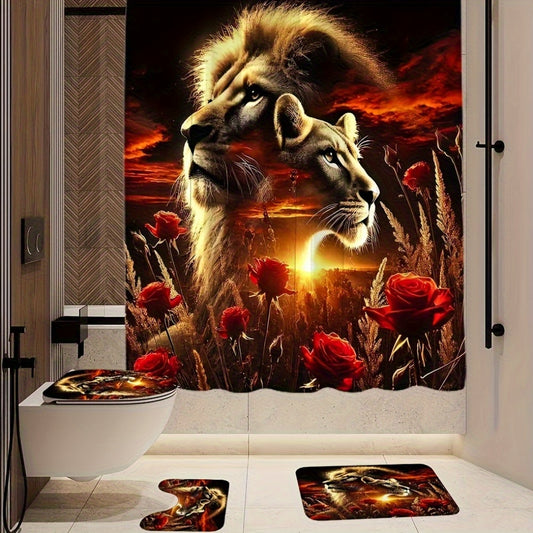 1/4pcs Tiger Pattern Shower Curtain, Shower Curtain Set, Waterproof Polyester Shower Curtain With 12 Hooks, Non Slip Floor Mat, Toilet U-shaped Pad, Toilet Lid Pad, Room Decor, Bathroom Accessory Sets, Bathroom Decor 71x71 In