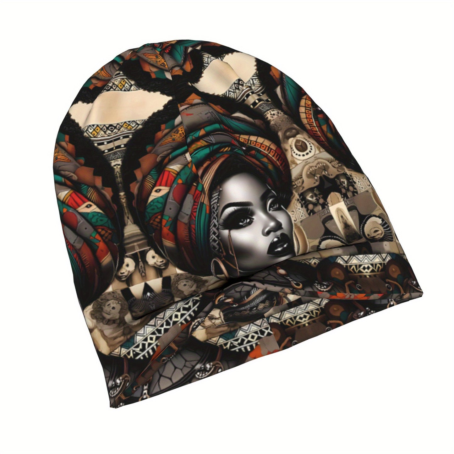 African Woman Print Beanie Hat - Unisex Winter Skull Cap with Vibrant Tribal Patterns, Cultural Heritage Design, Soft Warm Knit for Men & Women, Fashionable Cold Weather Accessory, Stylish Headwear, Cultural Pattern, Intricat
