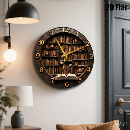 1pc Library Nook Style Tempered Glass Wall Clock 12x12 Inch - Vintage Bookshelf Design with Open Book Hands, Fantasy Theme Home Office Decor for Book Lovers, Housewarming & Wedding Gift (Battery Not Included), Whimsical Desig