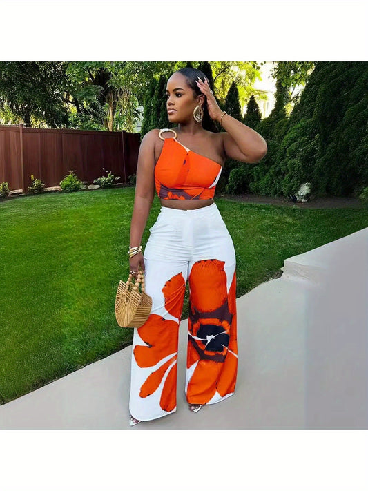 D9738 Women'S Y2K Fashion Floral Print One-Shoulder Slim Fit Wide-Leg Pants Two-Piece Set - Sexy Spring/Fall Outfit, Spring Fashion|Sleek Shoulder Design|Polyester Fabric