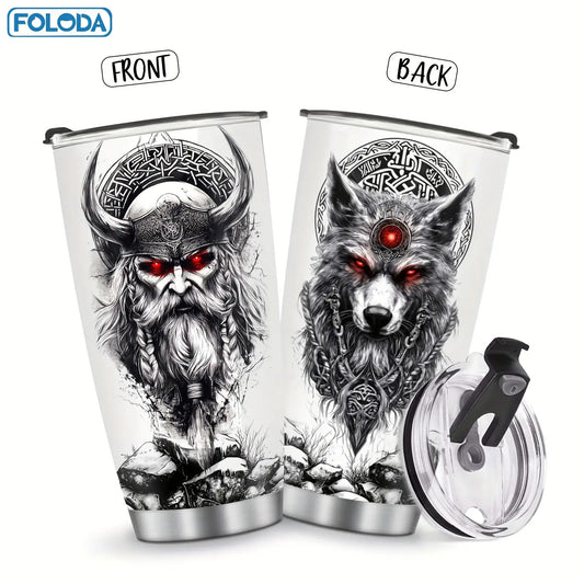Foloda 20oz Viking Wolf Tumbler with Lid - Insulated Stainless Steel Travel Mug, Norse Design Thermal Cup with Leakproof Lid & Straw Compatible, Double-Wall Vacuum Insulation for Hot/Cold Drinks, Viking Warrior & Wolf Howling