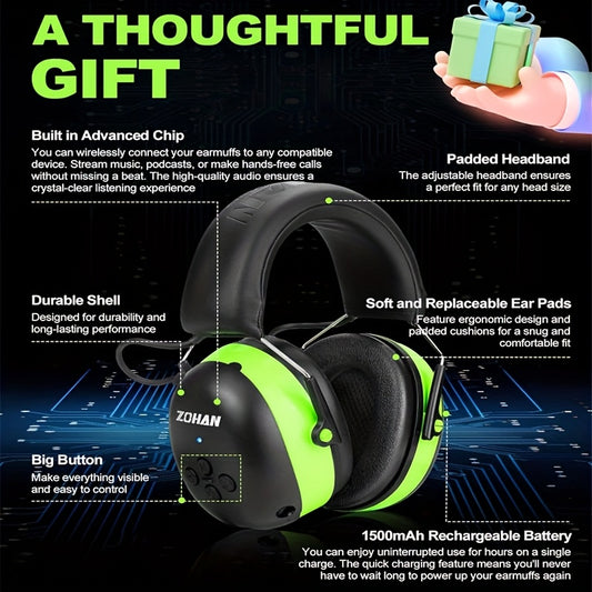 ZOHAN Upgraded Electronic Wireless Headset, NRR25db, Suitable For, Outdoor Sports, Mowing, Work, Cycling, Noise Cancelling Ear Protector With 1500mAh Rechargeable Battery Extra Long Standby For 40 Hours Comfortable Noise-canc