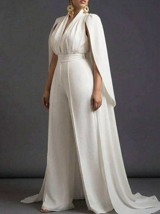 White V-Neck Capelet Waist- Wide-Leg Maxi Jumpsuit | Elegant and Exquisite Style Perfect for Parties, Formal Occasions & Light Social Events
