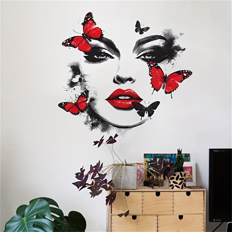 Unique Beauty and Butterfly Pattern Wall Sticker, Ink Brush Strokes Add Artistic Atmosphere. Red and Black Color Scheme Eye-catching, Instantly Elevates the Ambiance of Spaces like Bedrooms and Living Rooms. Easy to Apply and