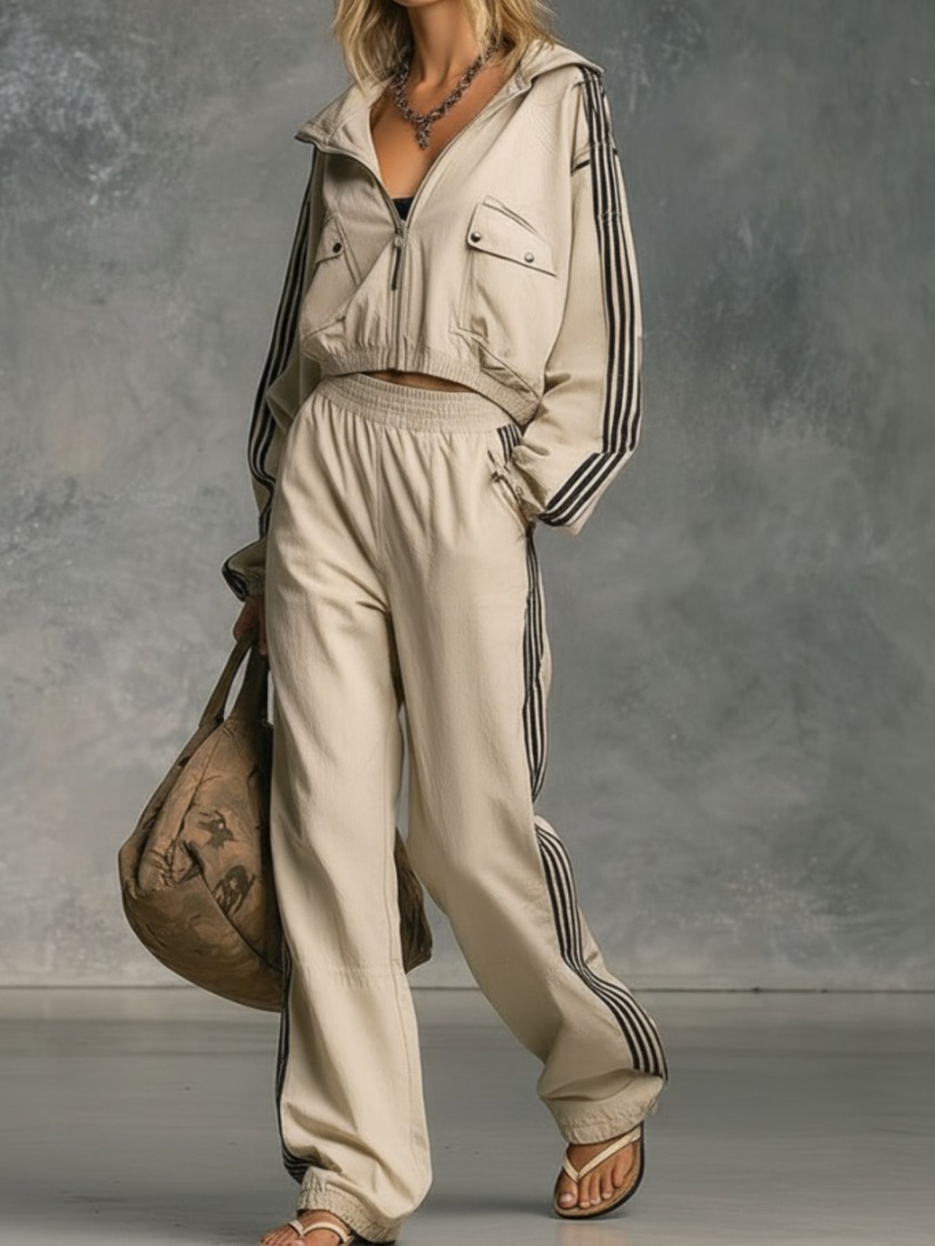 2pcs Set: Beige Striped Decorative Cropped Jacket + Wide-Leg Pants | Women's | Casual chic everyday style, perfect for outings, dates, light commuting, and spring/fall occasions.