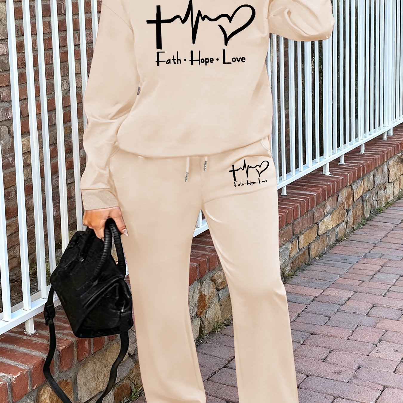 Women'S Casual Crew Neck Sweatshirt and Straight-Leg Pants Two-Piece Set with "Faith Hope Love" Print, Fleece-Lined, Drawstring Waist, All-Season, Comfortable Outfit For Casual Attire, Comfortable Clothing | Crew Neck Sweatsh