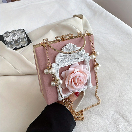 Women's Elegant Vintage Handbag & Wallet Combo - Adjustable Crossbody Bag with Golden-Tone Frame, Red Rose & -like Beads, Blue/Golden Color, Zipper Closure, Detachable Strap for Wedding, Beach, Everyday Purse (Pinkish-Golden)