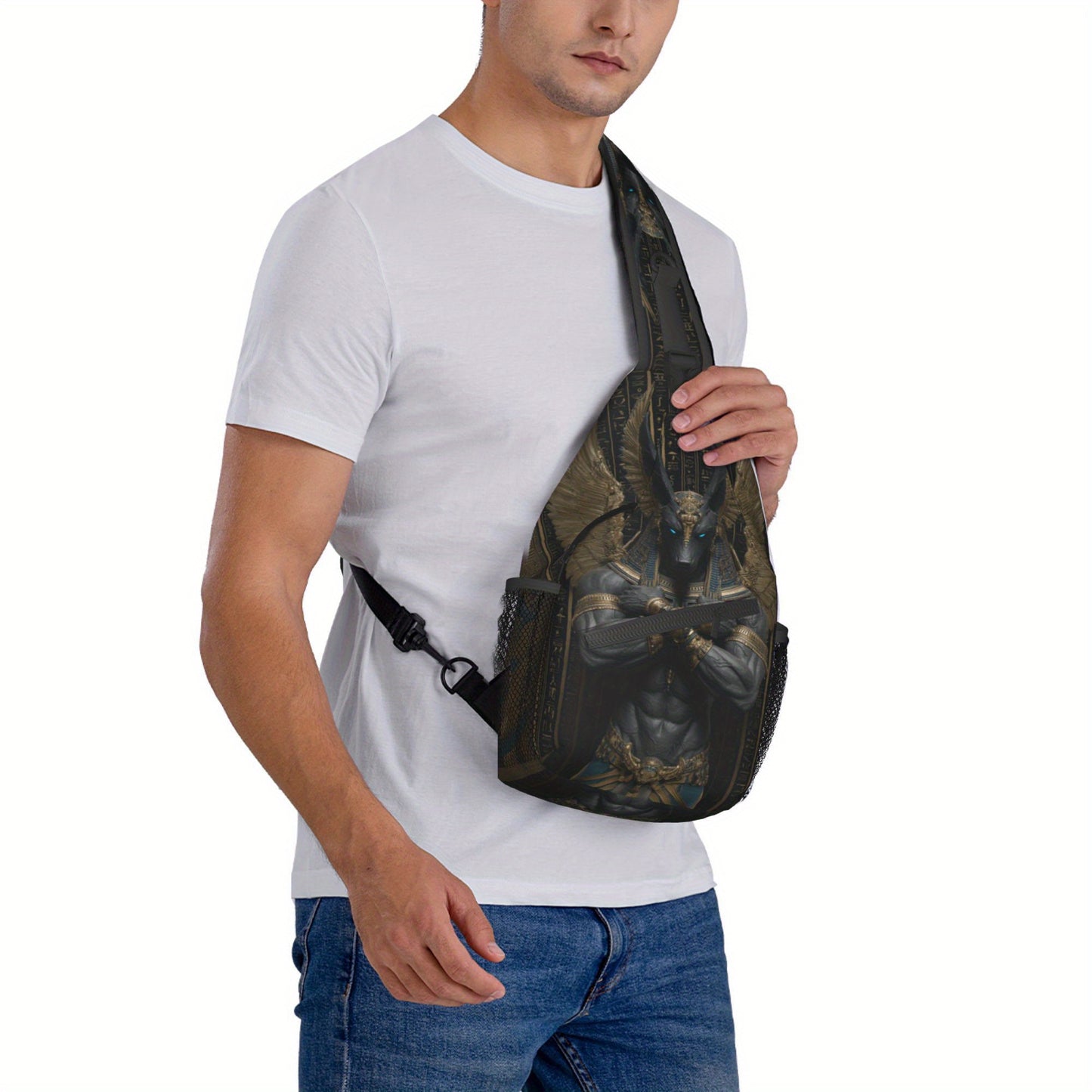Men's Egyptian God Anubis Sling Bag - Egyptian-Themed Chest Pack with Anubis Print & Horus-Eye Golden Accent, Zipper Closure, Hands-Free Crossbody Bag for Cycling, Travel, Casual Use - Ancient Egyptian Design Gift for Adventu
