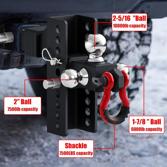 TYT Heavy Duty Adjustable Trailer Hitch Tri-Ball Mount With Locks&Pin&Rotatable Tow Shackle, Fits 2-in Receiver, 6-7/8" Rise/Drop, 1-7/8" & 2" &2-5/16" Ball