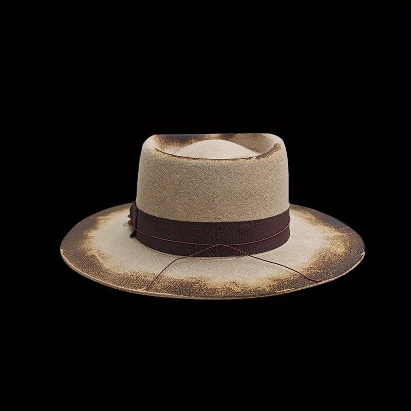 Unisex Vintage Wool Felt Hat with Turquoise-like Feather-Like Ribbon & Feather-Like Pendant - Wide Brim Western /Cowgirl Hat for &, Casual Outdoors, Parties, Daily Wear - Beige/Brown Retro Jazz