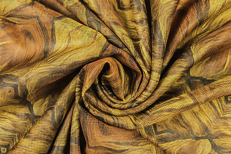 Maxi Dress - Regal Golden and Brown Patterned with Long Sleeves | Elegant Crew Neck - Fitted Style, Perfect for All Seasons, Ruffle Details, by SCACTO