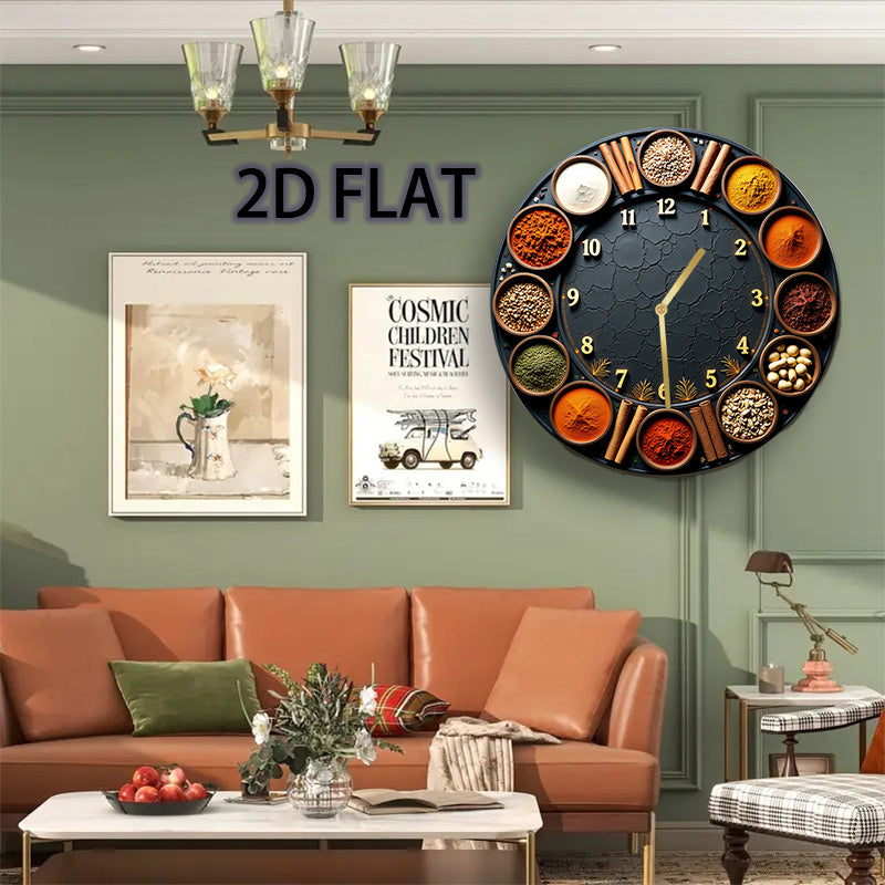 8-Inch Silent Round Wall Clock with Spice & Seasoning Holder - Acrylic Quartz Movement Kitchen Clock with Multicolor Spice Display (Cinnamon, Turmeric, Chili, Peppercorns) & Golden Hands - Battery-Powered (AA Not Included) fo