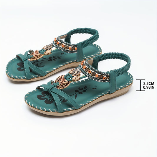 Tribal Style Striped Flats for Women, Summer Beach Sandals with Rhinestone Accents, Open Toe Slip-on with TPR Sole, Bohemian Casual Vintage Flat Heel Shoes - Huizhou Production