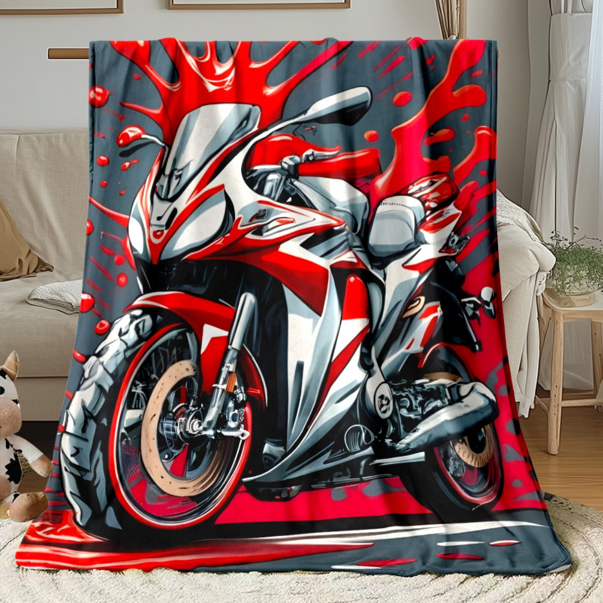 1pc Red Motorcycle HD Printed Blanket. Soft and Warm Flannel Blanket for Travel, Camping, Sofa, Livingroom, Couch, Chair, Bed. Gift for Family or Friends 280GSM 3 Sizes Available (30x40in/50x60in/60x80in)