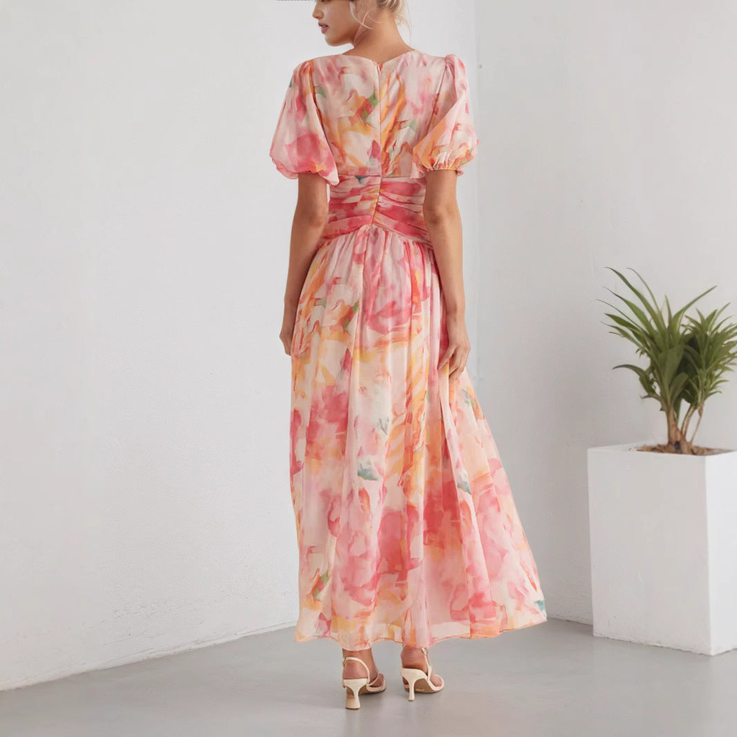 A Women'S Dress Featuring a Long Chiffon Skirt with a V-Neck And Short Sleeves, Designed with a High Waist And Print, Perfect for a Stylish And Refreshing Date Party Look
