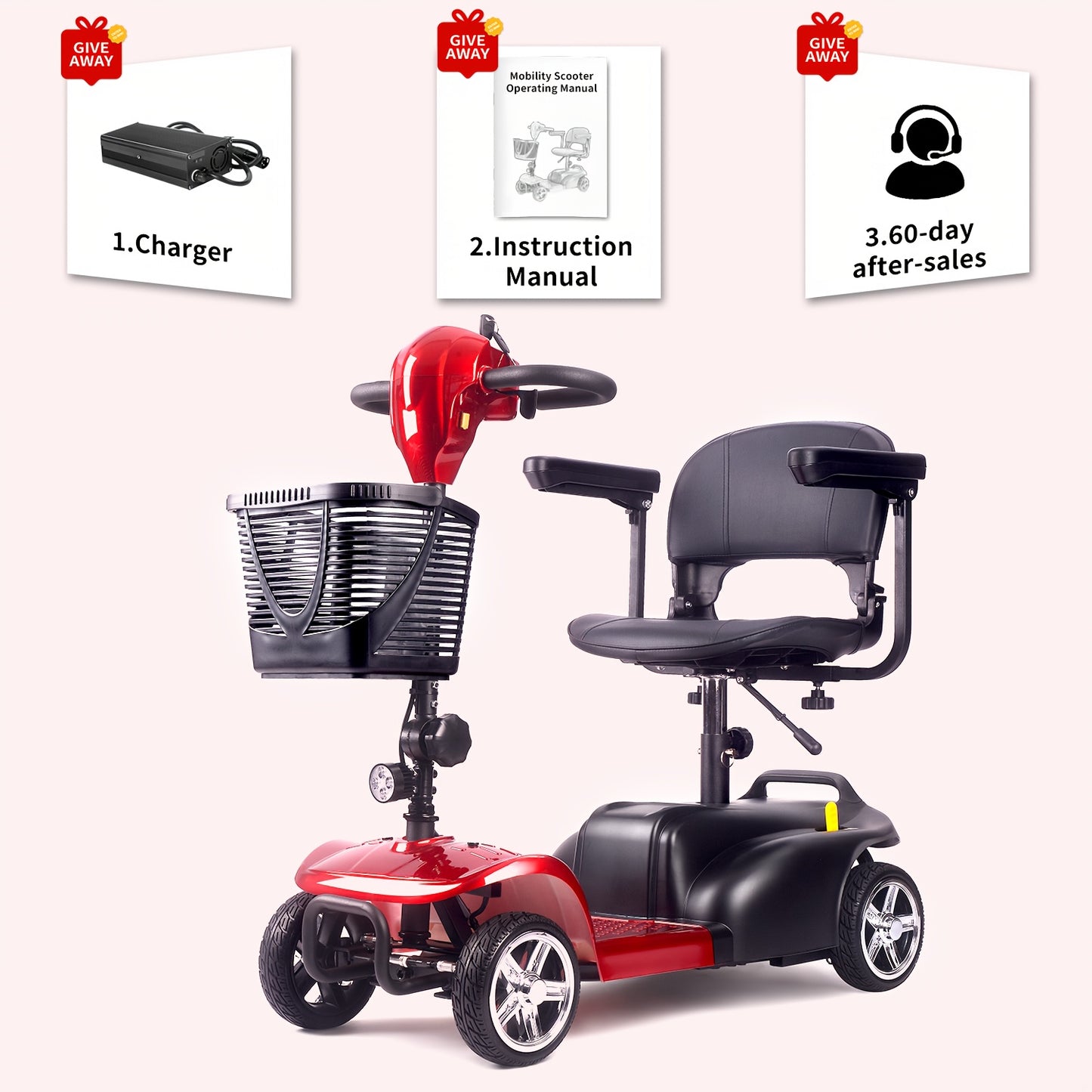 Adult And Mobility Scooter: 250W Four-wheel Foldable Scooter with A Speed Of 6 Mph, 24V 13Ah A Range Of 15 Miles, A 360° Swivel Seat, A Removable Shopping Basket And LED Headlights.