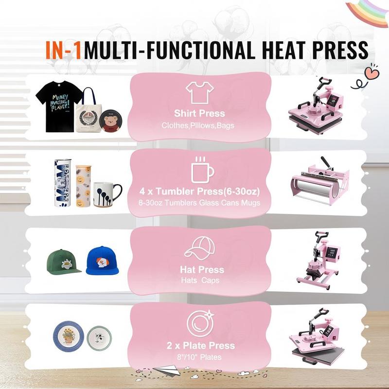 Heat Press Machine, 12 X 15 Inch, 8in 1 Heat Transfer Machine with 6-30oz Tumbler Press, 360° Swing Away T-Shirt Pressing, Digital Precise Control, for T-Shirts/Mugs/Hats/Plates, Pink