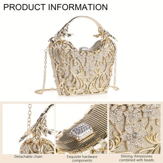 Perfect for Weddings, Proms & Formal Events - Handcrafted Rhinestone Clutch Purse - Luxurious Floral Evening Bag for Women - Elegant Dinner Handbag with Glittering Rhinestones & Golden-Tone Metal Handle