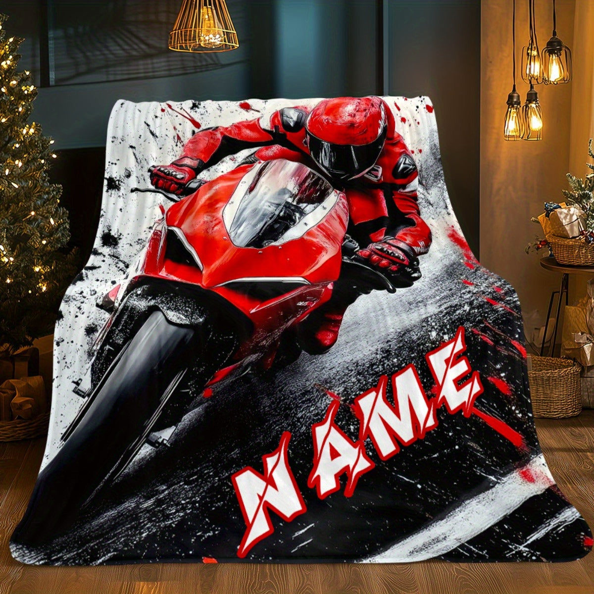 Custom Name Cool Red Motorcycle Blanket-Lightweight Home Furnishings Bedding Blanket Suitable for Sofas Beds Travel Camping Living Rooms Offices Sofas Chairs and Beds-Soft and Warm Fabric Digital Printed Blanket