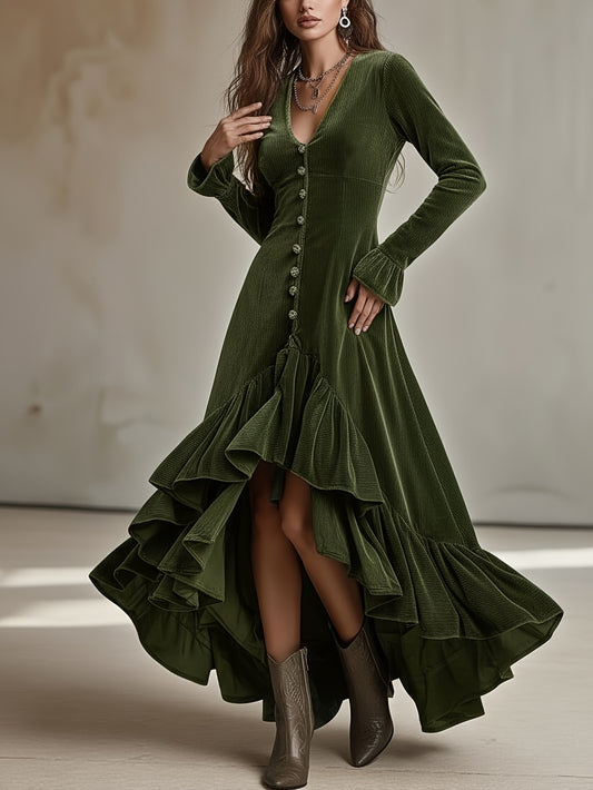 Women's Dark Green Corduroy V-Neck Ruffled Maxi Dress - Bohemian Asymmetric Hem Vintage Party Dress Suitable for Music Festivals, Winter Weddings & Special Occasions - Hand Washable Fitted Maxi Gown
