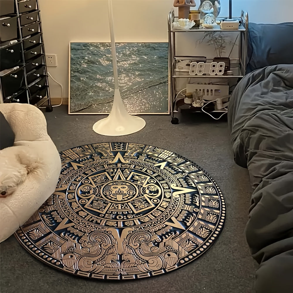 Mayan Tribal Round Area Mat - Large Black & Golden Ancient Mayan Calendar Design - Machine Washable Non-Slip Mat for Living Room, Bedroom, Game Room - Durable Floor Mat with Cultural Home Decor - Extra Large Rugs for Living R