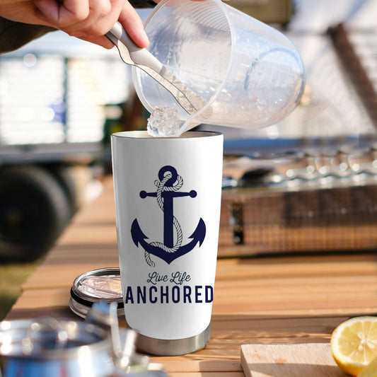 1pc 20oz Nautical Anchor Tumbler, Double Wall Vacuum Insulated Travel Mug with Spill-Proof Lid, Navy Blue Anchor & "Live Life Anchored" Design, Perfect Gift for Dad, Mom, Christmas, Birthdays, Office, Camping, Coffee Cup, Off