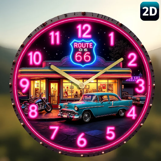 1PC 10/12-inch turquoise car and Route OG logo design wall clock - Round wooden decorative clock, silent non-ticking, powered by AA battery (AA battery not included), perfect for kitchen, living room, cafe and home decoration