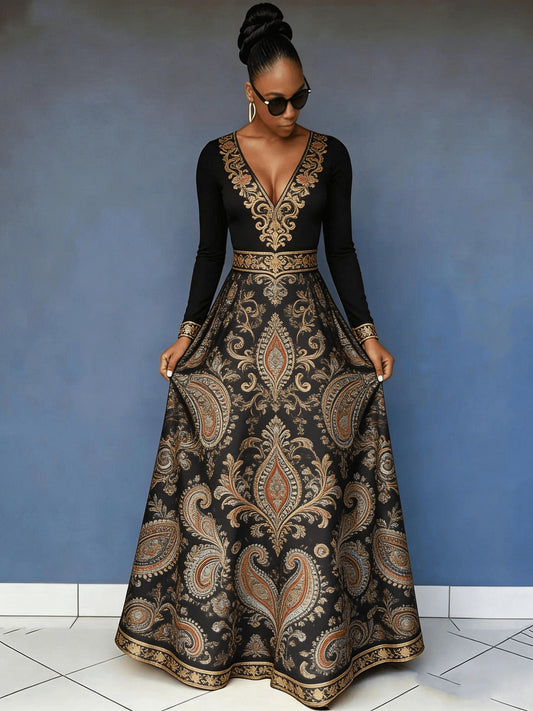 Flower Rich And Luxurious Flower Print Design Women's V-neck Dress with Waist Cinching And Shaping, And Casual Drape, Sexy Charm, Fresh Temperament, Commuting Trend, Elegant Long Skirt, Cocktail Party, High-end Occasion
