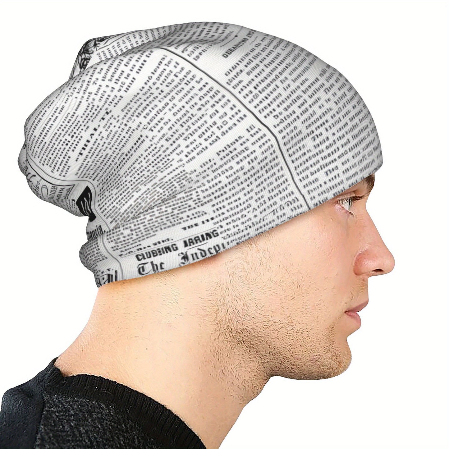 Vintage Newspaper Print Soft Knit Beanie Hat for Men & Women - Funky Style, Stretchy & Comfortable Ski Cap, Hand Washable, White with Black Text Design, Winter Hat