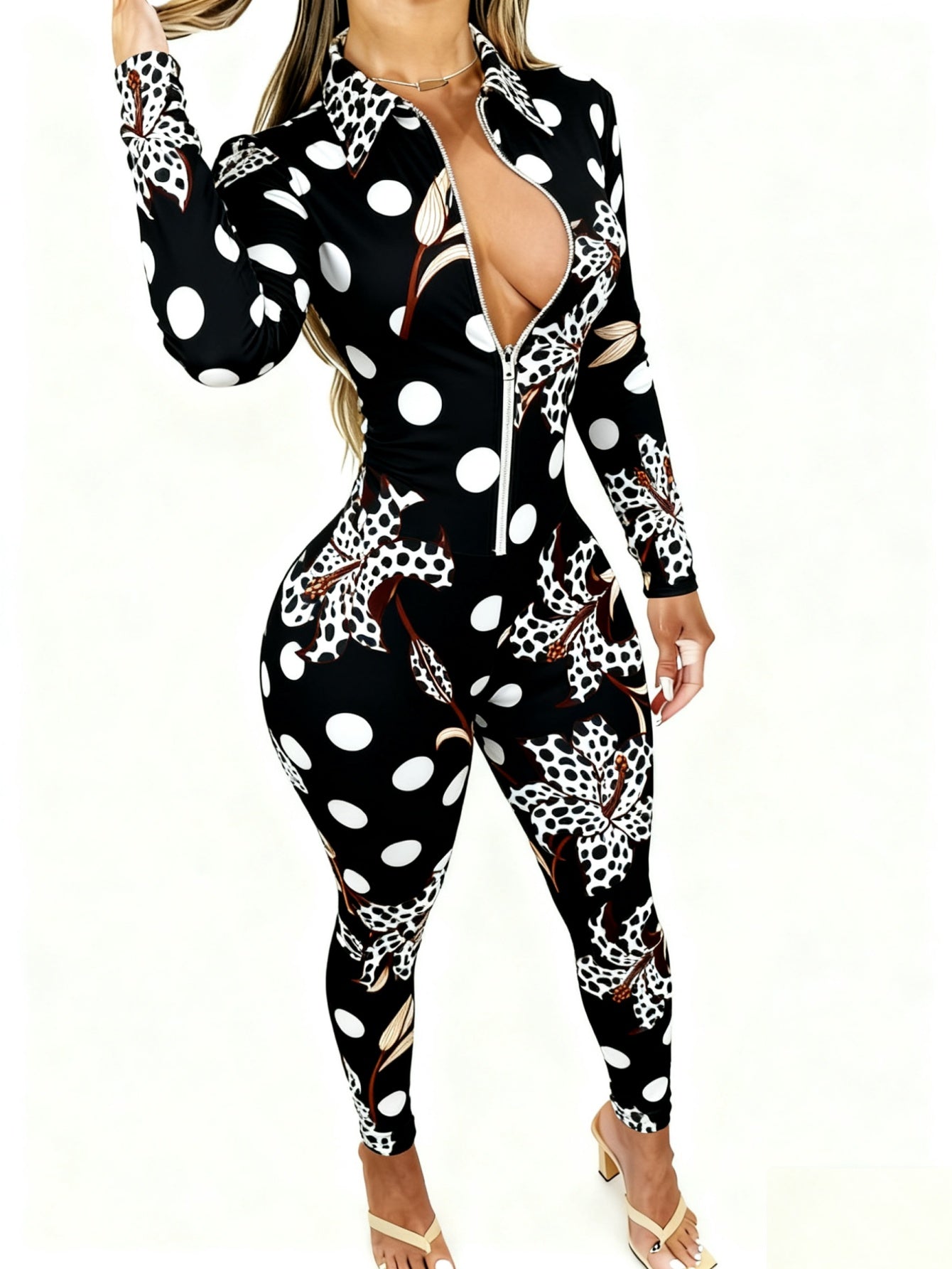 Women'S Allover Printed Jumpsuit | Long Sleeve with Zipper, Elegant Sexy, 4-Season Party & Special Occasion Outfit