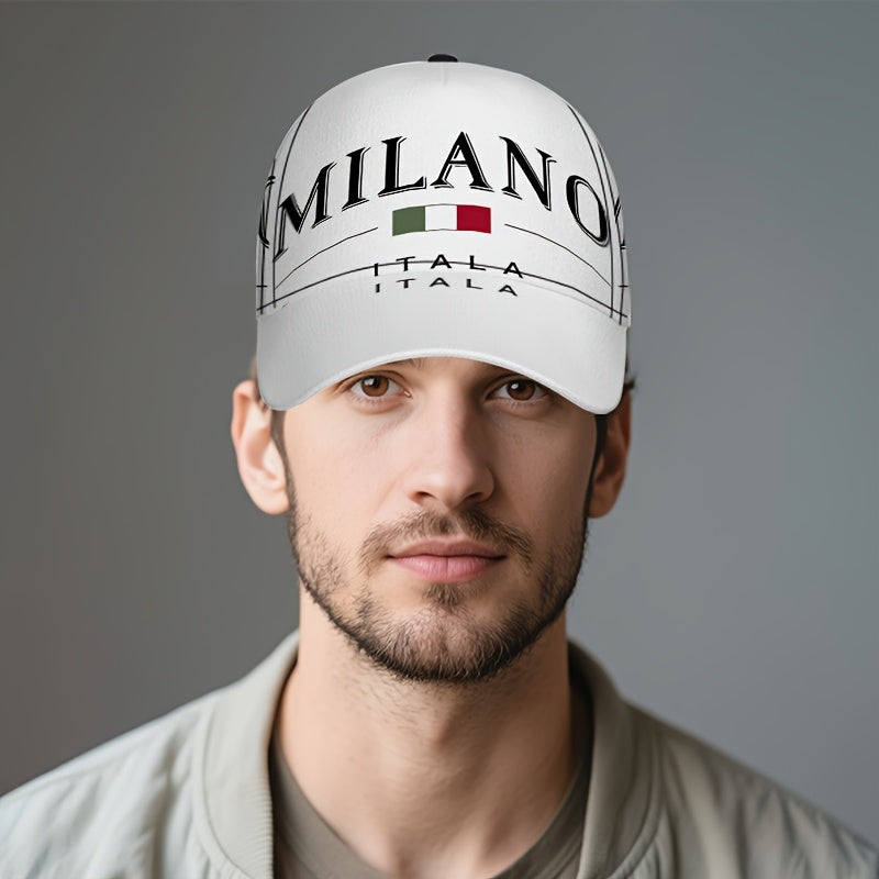 1pc 2D Milano Emblem Print Baseball Cap - Full-Body Vibrant Polyester Hat with Adjustable Snapback, Ideal for Outdoor Sports, Street Style & Running, Black with White Logo, Sports Cap | Stylish Headgear | Durable Headwear