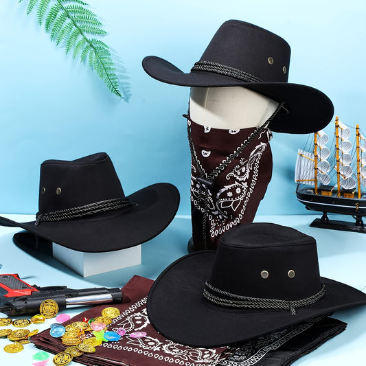 1pc Western Cowboy Hat Set with Bandana - Suede Felt Material, Hand Wash Only, Unisex Fit, No Feathers, Ideal for All Seasons & Holidays, Western Theme Party Accessory