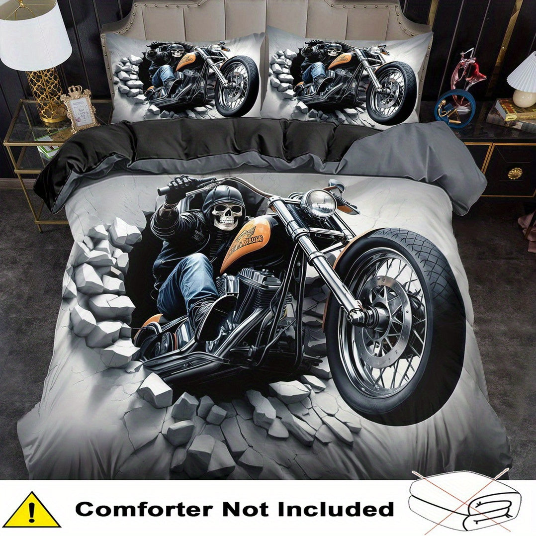 2/ 3pcs Quilt Cover Set, Motorcycle Skeleton Print Duvet Cover Set, King Queen Style Bedding Set, Polyester Machine Washable, Quilt Decoration, Bedroom Guest Room, Birthday Gift (Includes 1 Duvet Cover + 1 or 2 Pillowcases, N