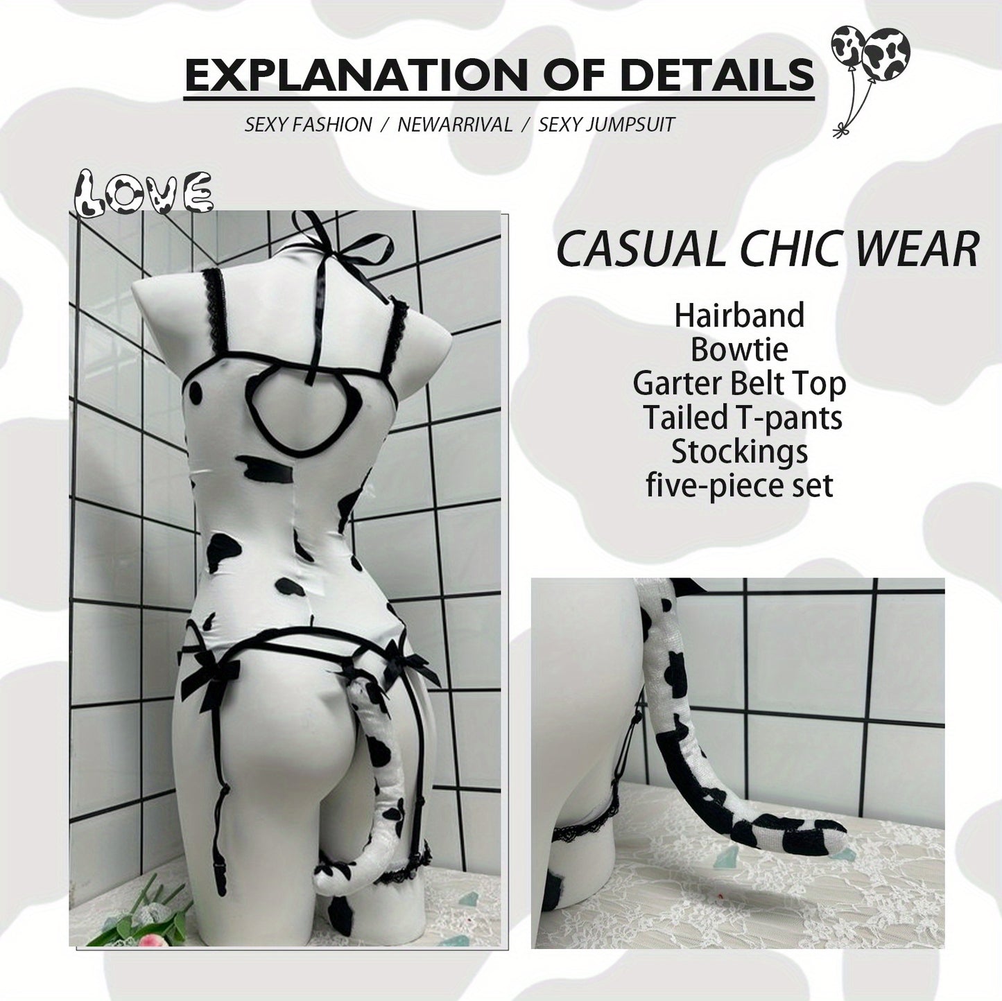 Sexy Sheer Translucent Jumpsuit Suit - Elastic Bodysuit with Matching Shorts & Pantyhose, Headband Bow Suspender Belt - 5pcs Outfit for /, Costumes for halloween, Christmas Parties, Year-Round Wear (Novelty)