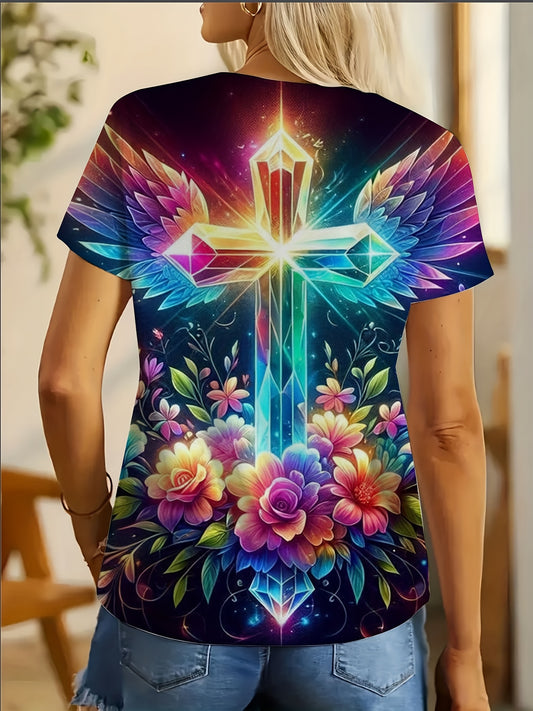 Women's Plus Size Short-Sleeve T-Shirt - Floral Cross Wing Graphic with Color Gradient, Soft Breathable Fabric, Casual Crew Neck Summer Tee, Machine Washable, Everyday Tee, Artistic Tee, Comfortable Fit, Short Sleeve Top, Fas