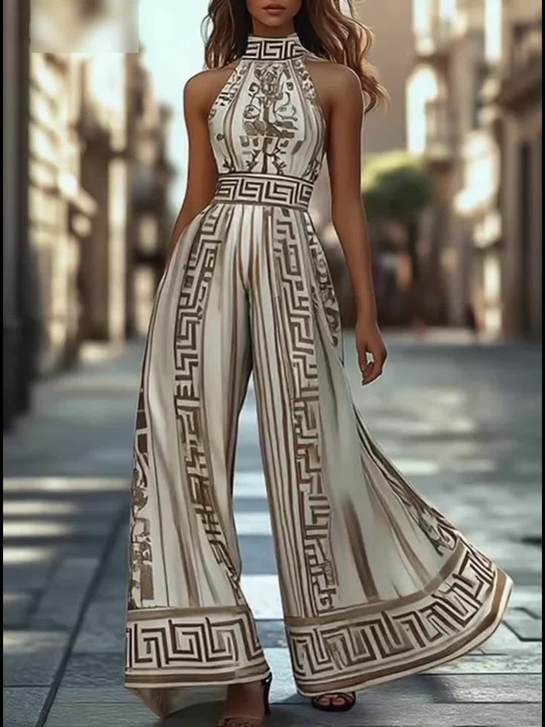 Ladies' Summer New Fashionable Stand Up Collar Sleeveless Off Shoulder Wide Leg Jumpsuit Casual Retro Patterned Jumpsuit