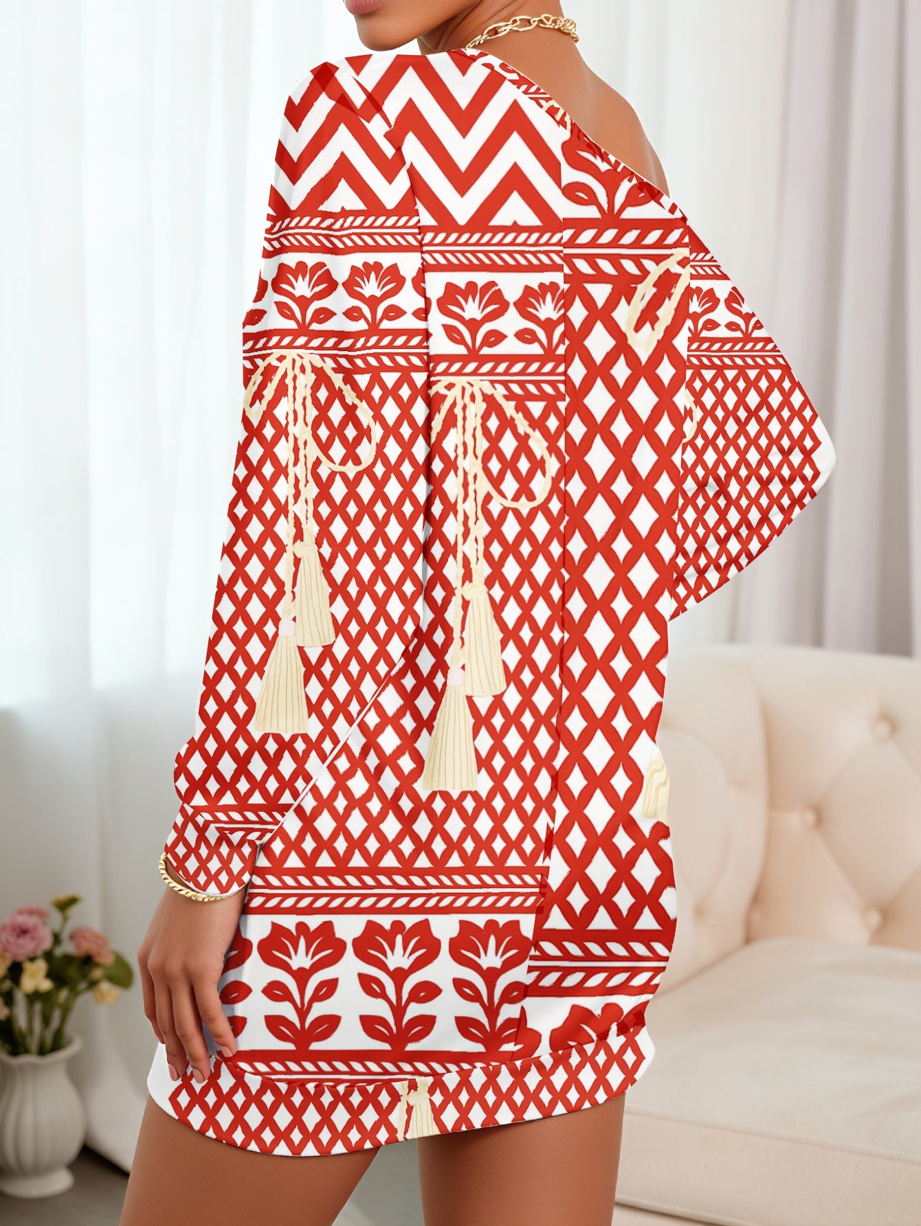 Plus Size, Elegant One-Shoulder/One-Strap Long Sleeve Dress - Red & White Geometric Floral print with Tassel Boho Dress, Fitted Party Wedding Guest Gown, Machine Washable Spring Outfit