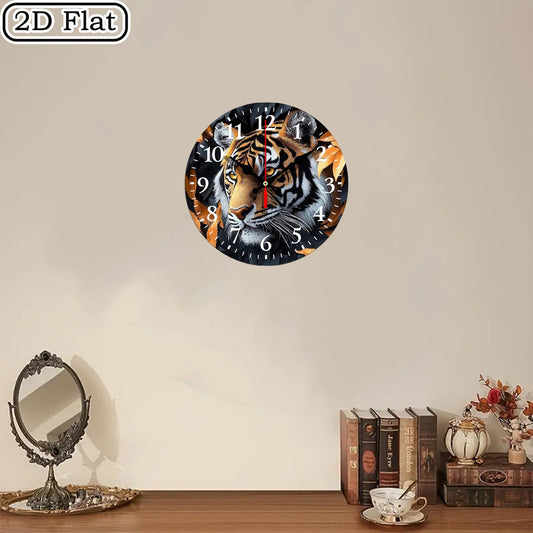 10x10 Inch Round Wooden Wall Clock with Tiger Head & Orange Leaves Design - Silent Non-Ticking Battery-Powered Modern Black/White Face, Golden Hands - Home Office Bedroom Decor, Wildlife-Themed Gift for Halloween Christmas (A