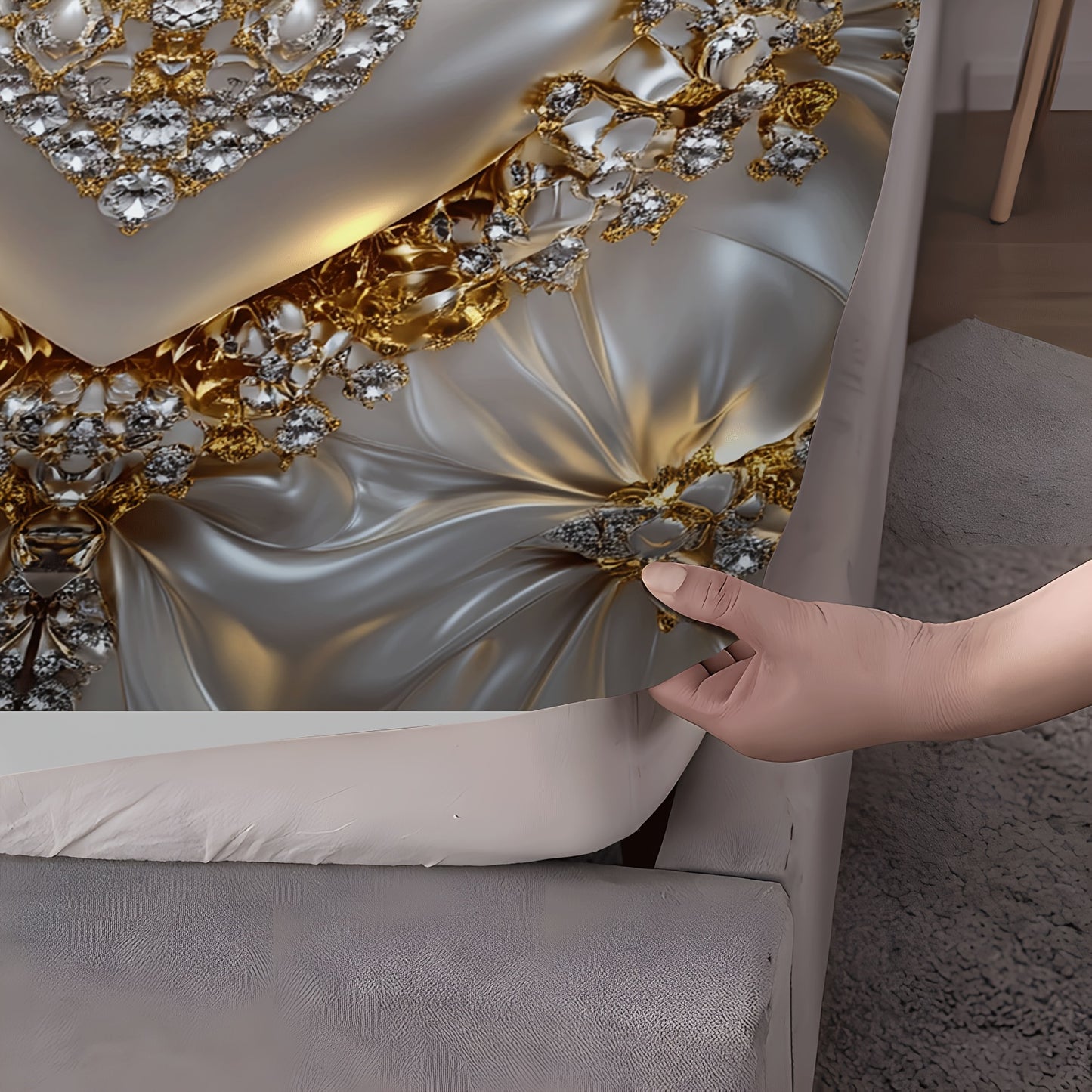 3pcs Heart Jewel Print Fitted Sheet Set, Golden Heart with Gemstones, Breathable Polyester, Machine Washable for All Seasons Ideal for Bedroom Guest Room Master Suite and More Includes 1 Fitted Sheet and 2 Pillowcases No Matt