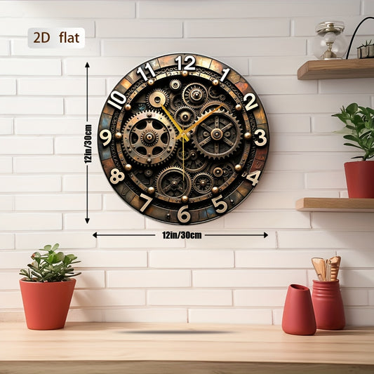 12x12 Inch Steampunk Gear Wall Clock - Industrial Vintage Silent Non-Ticking Glass Clock with Black & Golden/Green/Grey/Golden Gear Design, Easy to Install, Large Round Modern Decor for Home, Office, Studio, Kitchen, Bedroom,