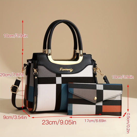 2pcs Set Fashion Plaid Handbag for Women, Zipper Closure, Polyester Lined, Edge Painted, Random Pattern, Versatile Colors - Black, White, Red, Purple, Earthy Yellow