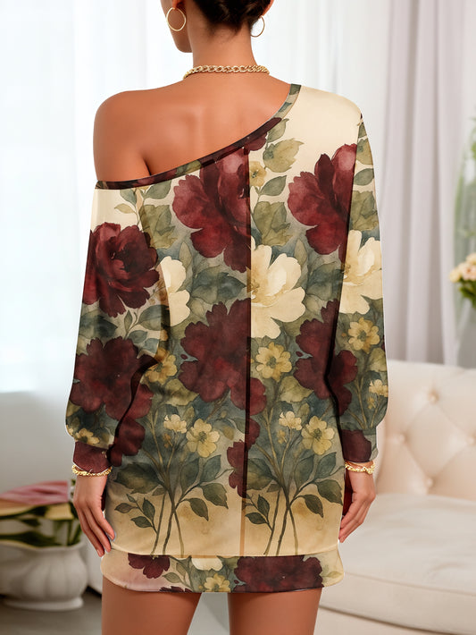 Plus Size, Women's Elegant One-Shoulder/Boat Neck Floral print dress - Cream with Red & Yellow Roses, Short to medium length Fitted Party Wedding Guest Dress, Prom Attire, Machine Washable Spring Outfit
