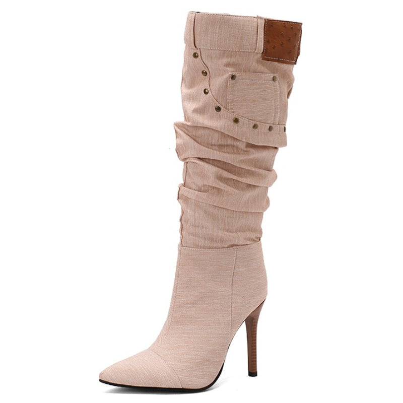 Women'S PU Cover Knee-High Boots with Studded Stiletto Heel, Pointed Toe & Slouchy Half-Zipper Closure - Ruched High Heel, Calf-to-Knee Length, Durable Rubber Sole - Versatile Western to Modern Booties for Casual to Formal Ev