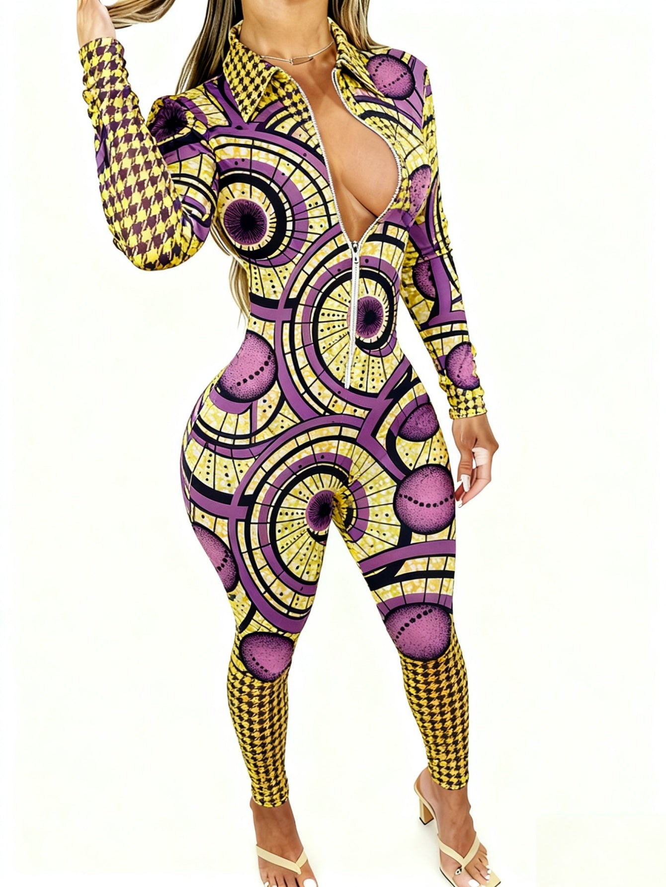 Women'S Allover Printed Jumpsuit - Long Sleeve with Zipper | Elegant Sexy, 4-Season Party & Special Occasion Outfit, Lapel Collar, Casual Style