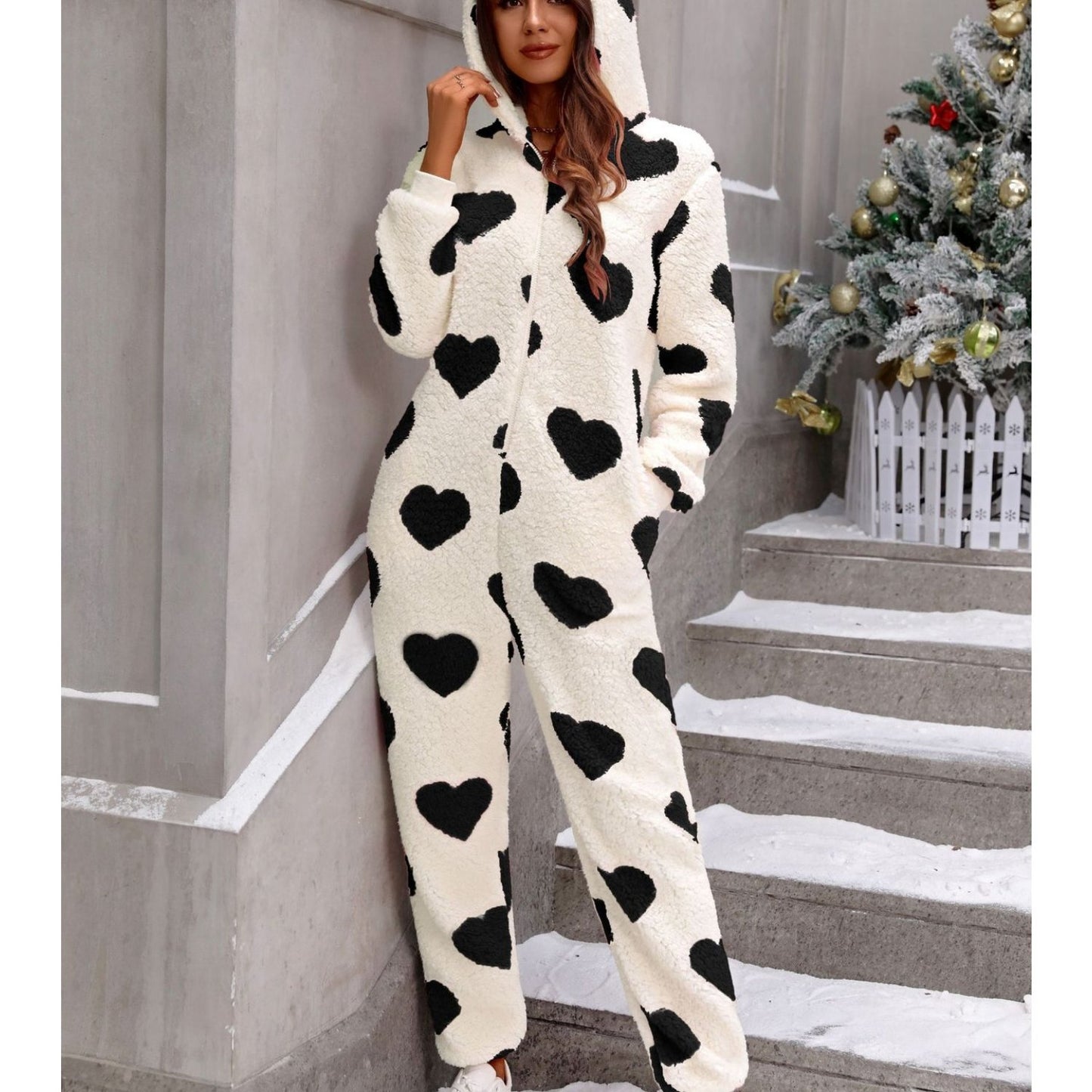 ' Plush Bodysuit - Cozy Hooded -Neck Jumpsuit, Winter Warm Clothing Suitable for Christmas, Machine Washable Solid Color Clothing (No Parts)