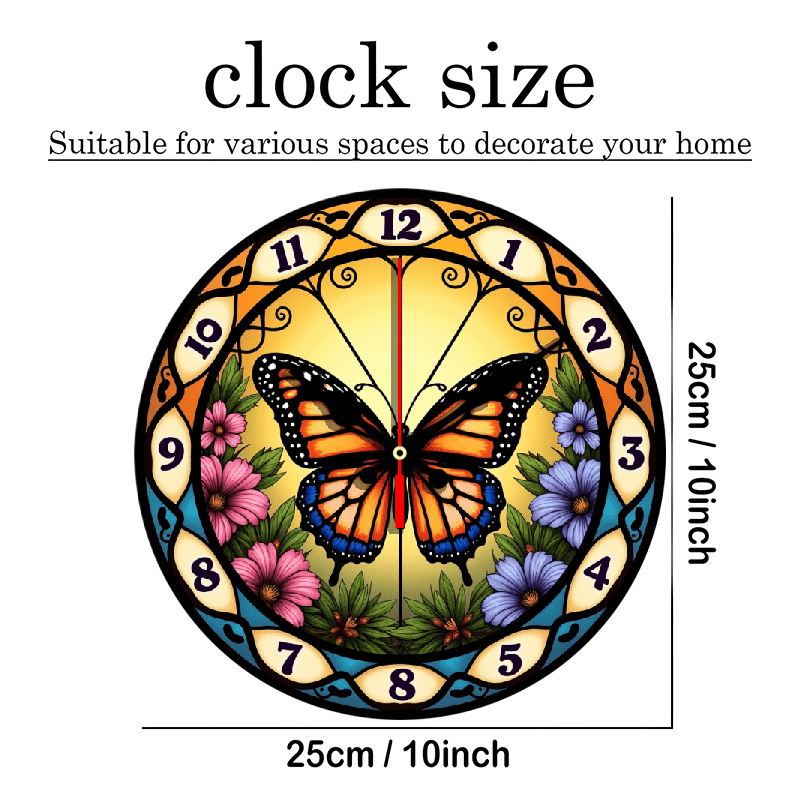 1pc Stained Glass Butterfly Suncatcher Wall Clock - 10 Inch Round Silent Non-Ticking Battery-Powered (AA Not Included) with Easy-to-Read Numerals, Multicolor (Orange/Pink/Purple/Green/Yellow) Floral Butterfly Design - Elegant