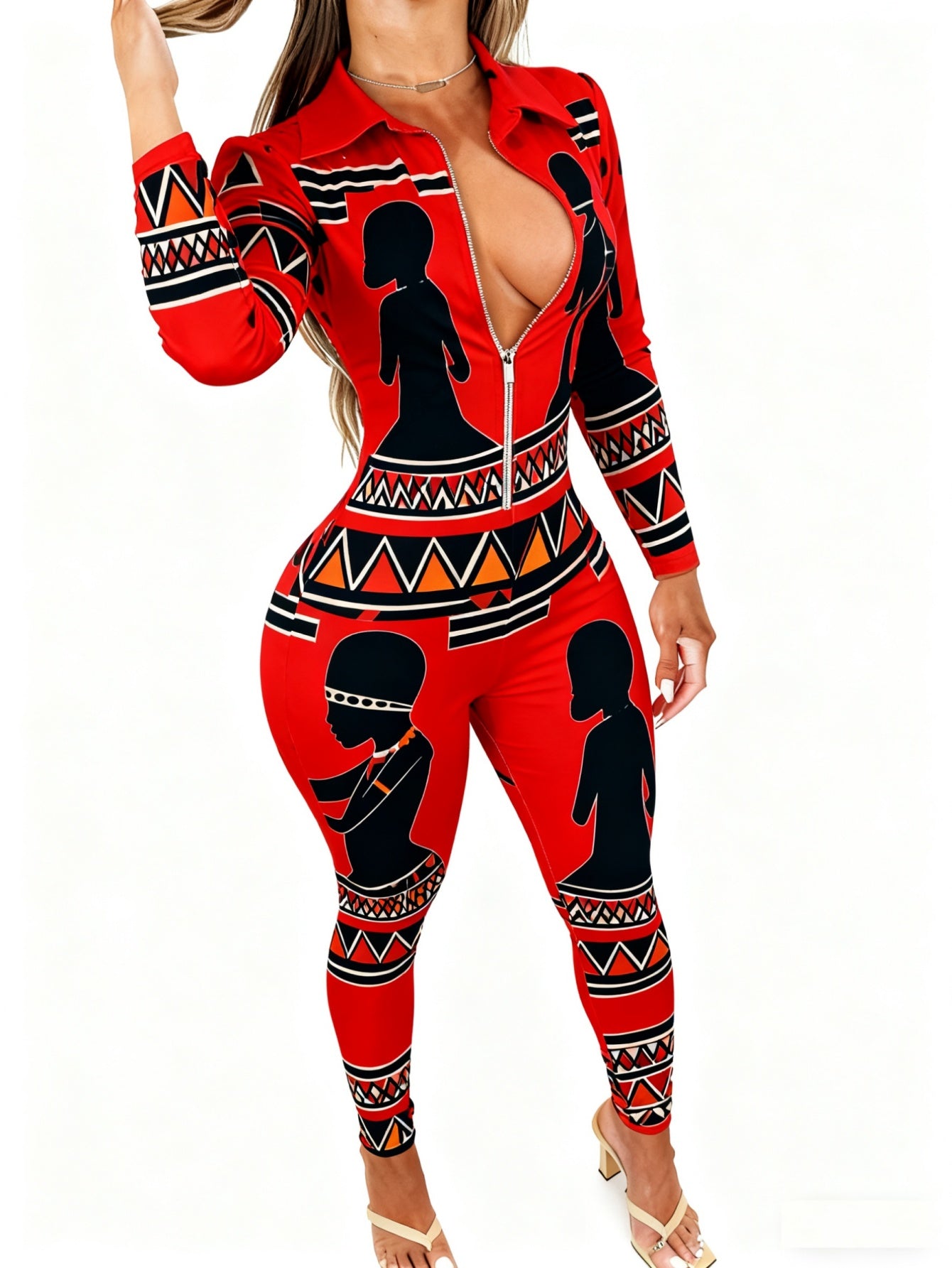 Women's Lightweight Full-Body Animal Print Jumpsuit - Zipper Front/Back Closure Long Sleeve Romper, Tight-Suit Style Collar, Machine Washable All-Season Outfit for Daily Wear, & Smart-Casual (Suitable for all body types)