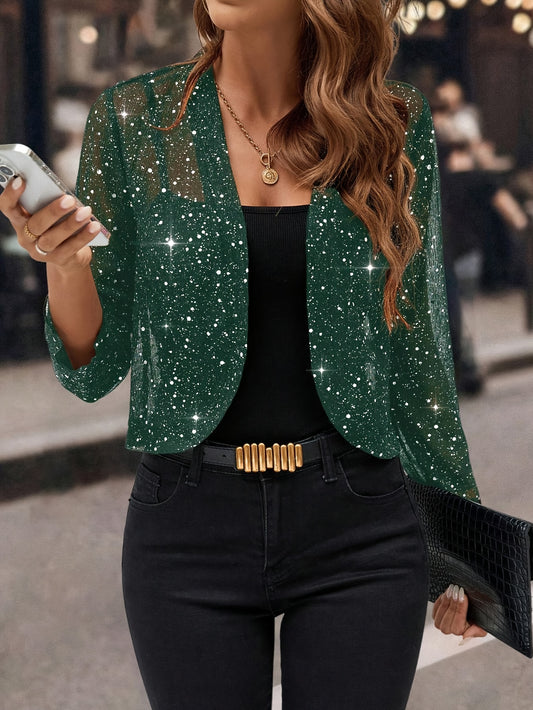 Women's Glitter Sequin - Golden Foil Pleated Fabric - Cardigan Jacket - 3/4 Sleeve Short Cropped Blazer for Business Casual