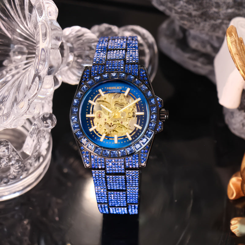 1pc Youth Men's Yellow Blue Steel Band Gorgeous Elegant Automatic Skeleton Tourbillon Mechanical Watch, Men's Fashion Accessory, Luxury Timepiece, Skeleton Dial Design, Elegant Timepiece, Automatic Movement, Durable Construct
