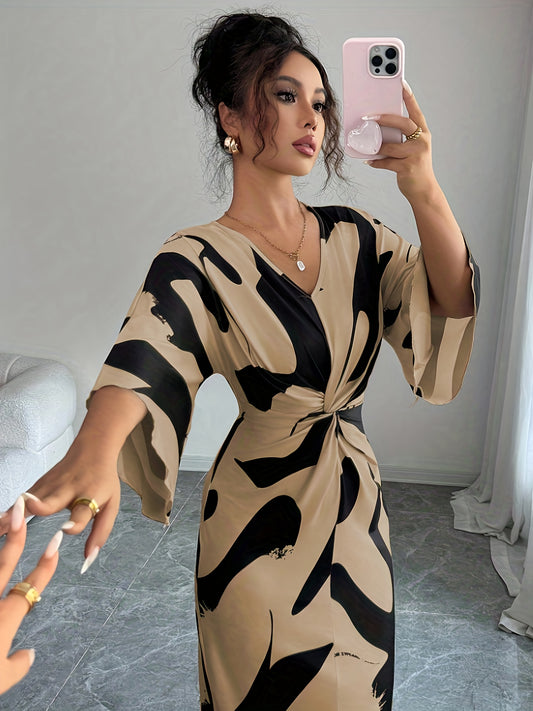 This Elegant Midi Dress Features a Unique Apricot Base Color with a Milk Digital Print, High-Stretch Fabric, a V-Neck, And a Stylish Waist Twist Design. Its Irregular Hem Adds a Niche Touch, Making It Perfect for High-End Aut